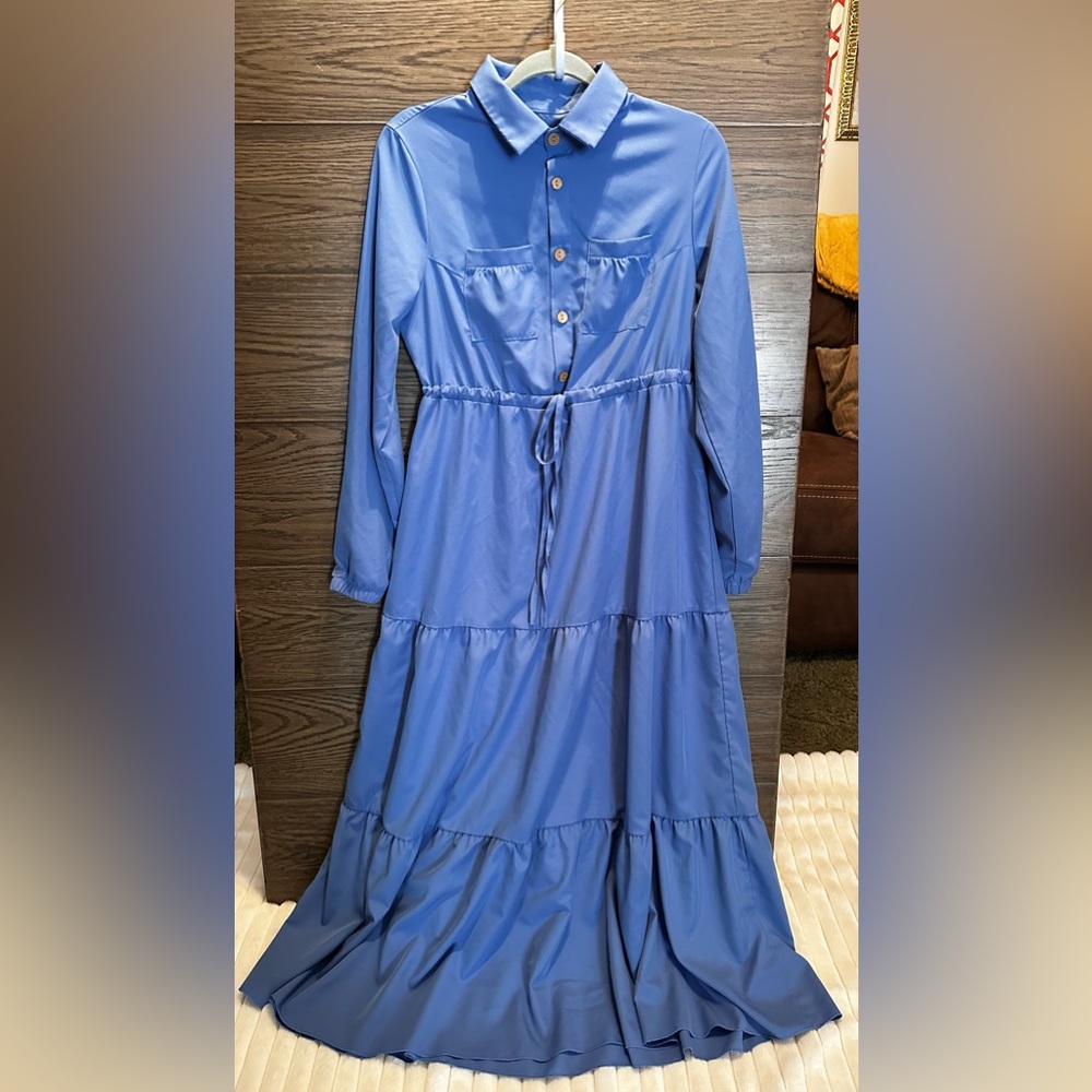 SHEIN Blue Long Sleeve Tiered Maxi Shirt Dress